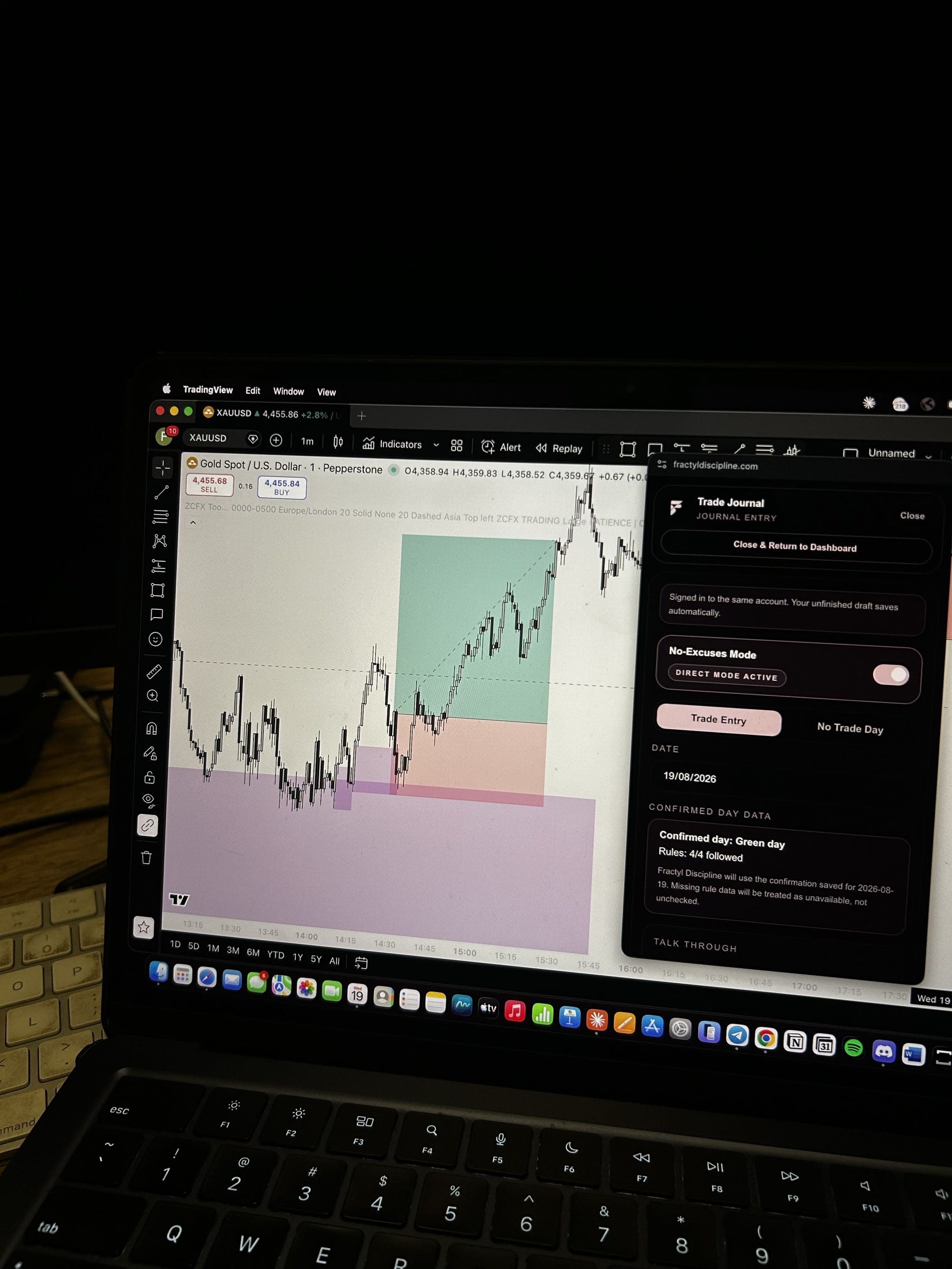 Fractyl Discipline floating journal beside a live trading chart